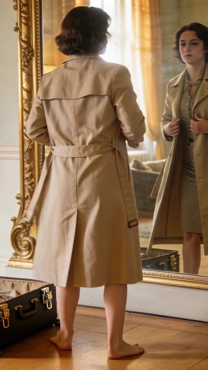 Vídeo vertical: Mulher se virando, ajustando trench coat bege em suíte, olhando no espelho, pegando a mala.