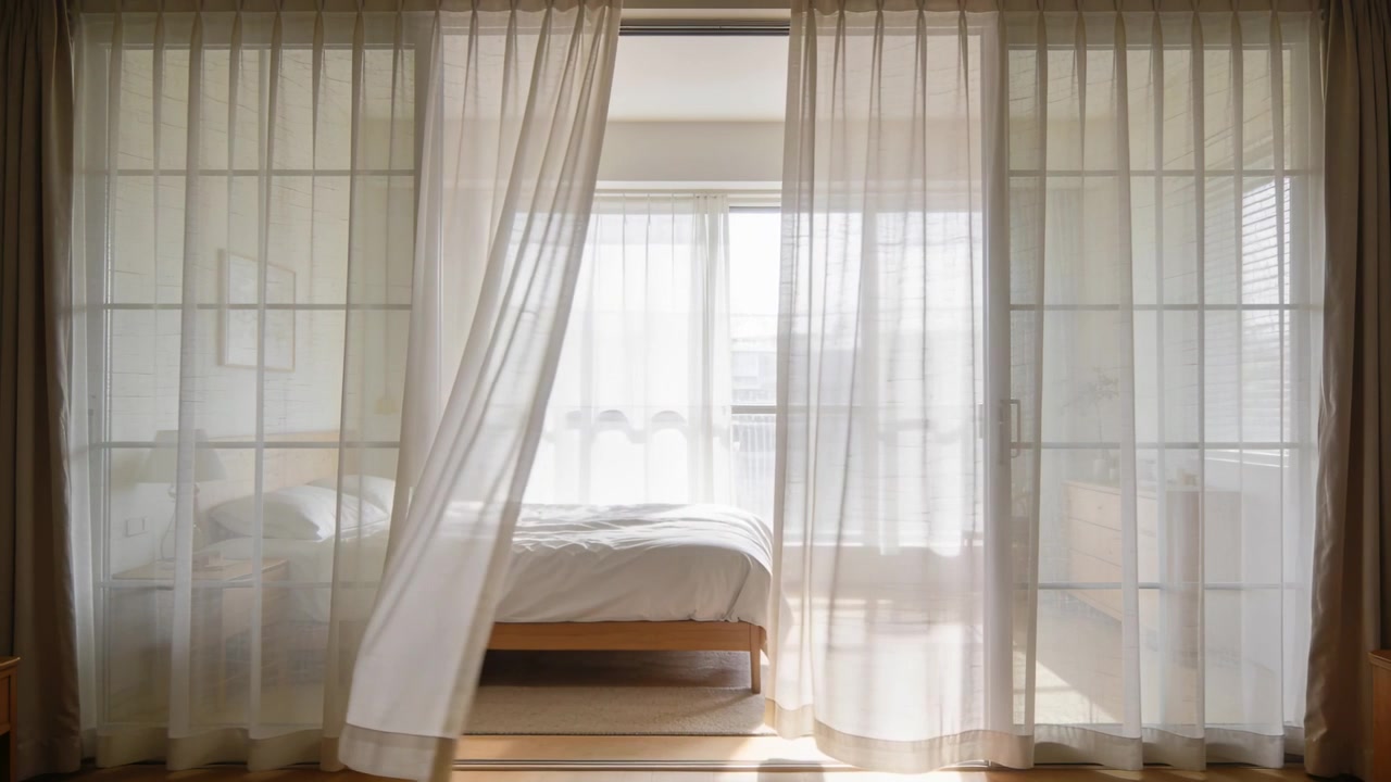 Suave ráfaga haciendo que las cortinas blancas transparentes ondeen a través de la puerta corredera en el dormitorio, revelando la cama.