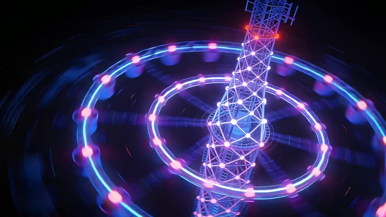 Starter loop, gittertårn med to neonringe, der roterer og pulserer i et sort tomrum og sender signal.