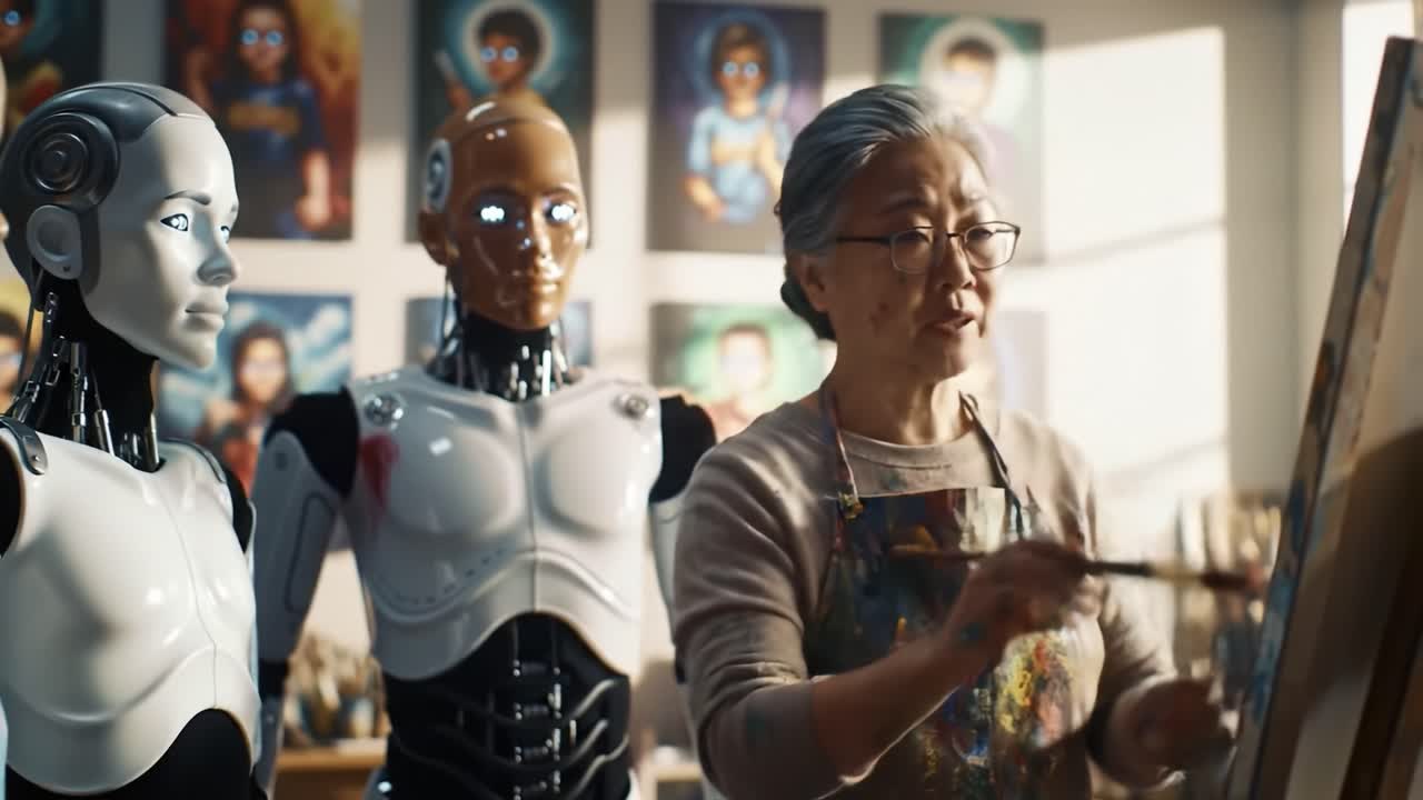 An Artist Blends Technology and Creativity as She Paints in a Studio Surrounded by Robotic Models, Illustrating a Unique Fusion of Art and Innovation
