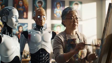 an artist blends technology and creativity as she paints in a studio surrounded by robotic models, illustrating a unique fusion of art and innovation