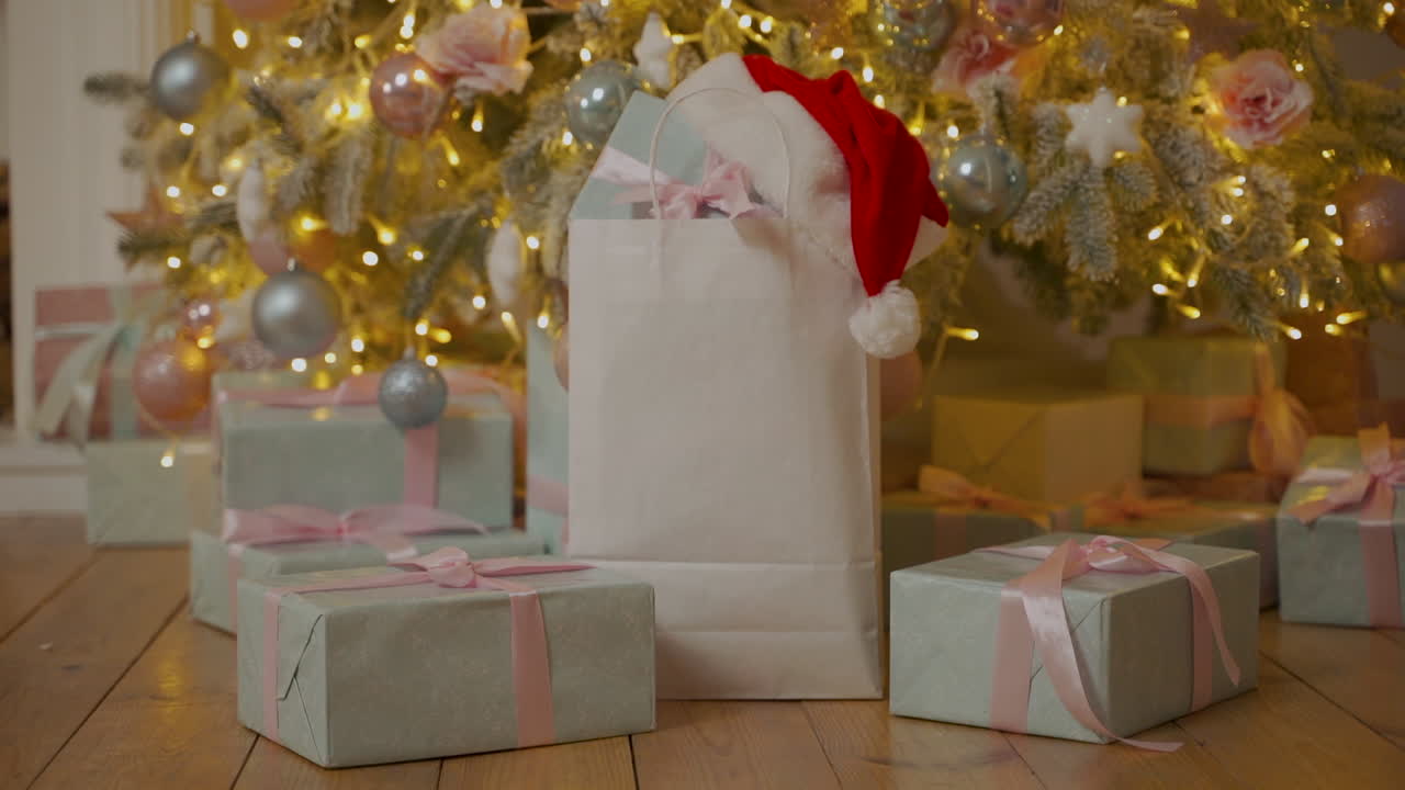 장식된 크리스마스 트리 아래 빈 공간이 있는 포장된 선물과 종이 가방