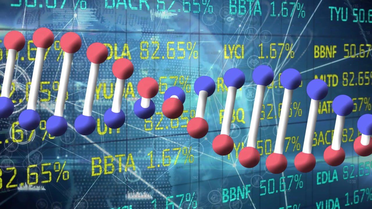 Animation of stock market with network of connections and dna strand over window