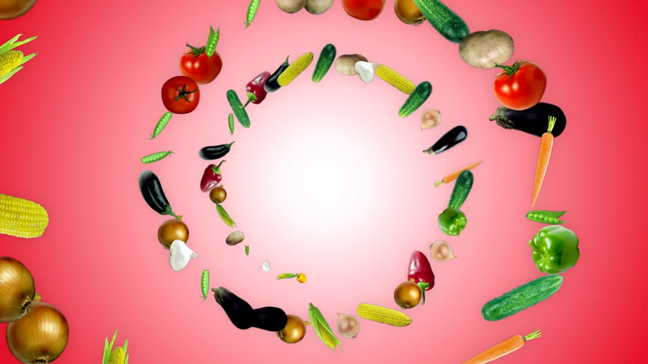 fondo de anillo de verduras que caen, con canal alfa, bucle