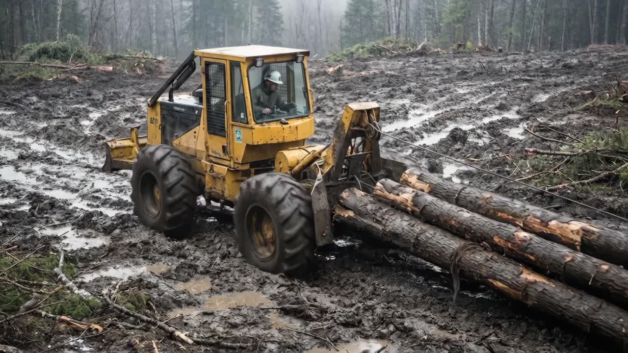 Yellow Logging Skidder Hauling Timber Through Muddy Clearcut Forest
