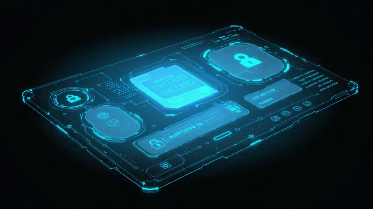 Futuristic Digital Interface Displaying Security Options and User Authentication Features in a High-Tech Visual Design