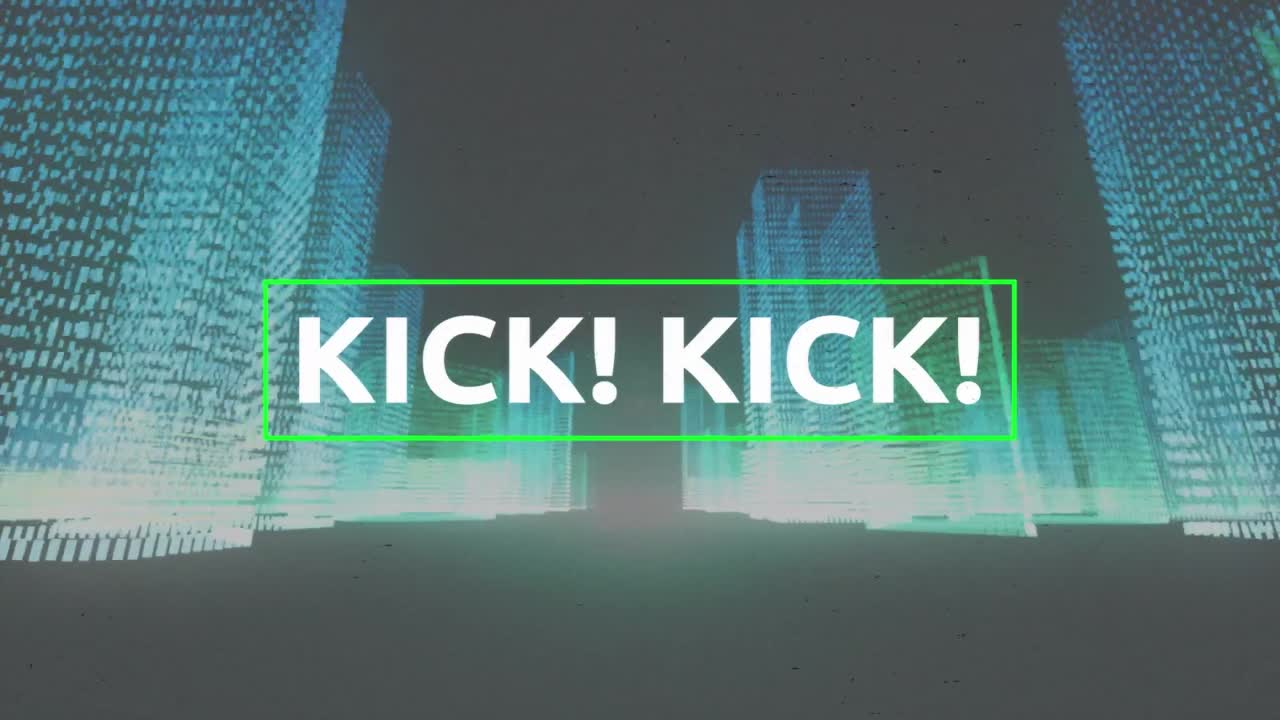 Animation of kick in white text with pink crosses and green lines over digital moden buildings