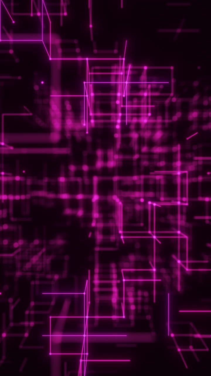 Violet Digital Cubes Vertical in a Rapid Abstract Wireframe Field. Looped 3D rendering