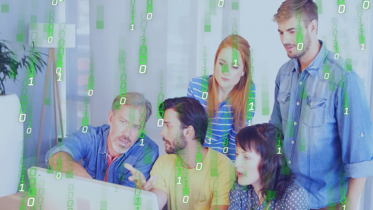 Animation of binary coding data processing over diverse business people in office