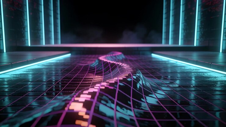 Luci pulsanti che guidano una rete al neon che ondeggia sul pavimento riflettente del palco, creando un movimento in avanti
