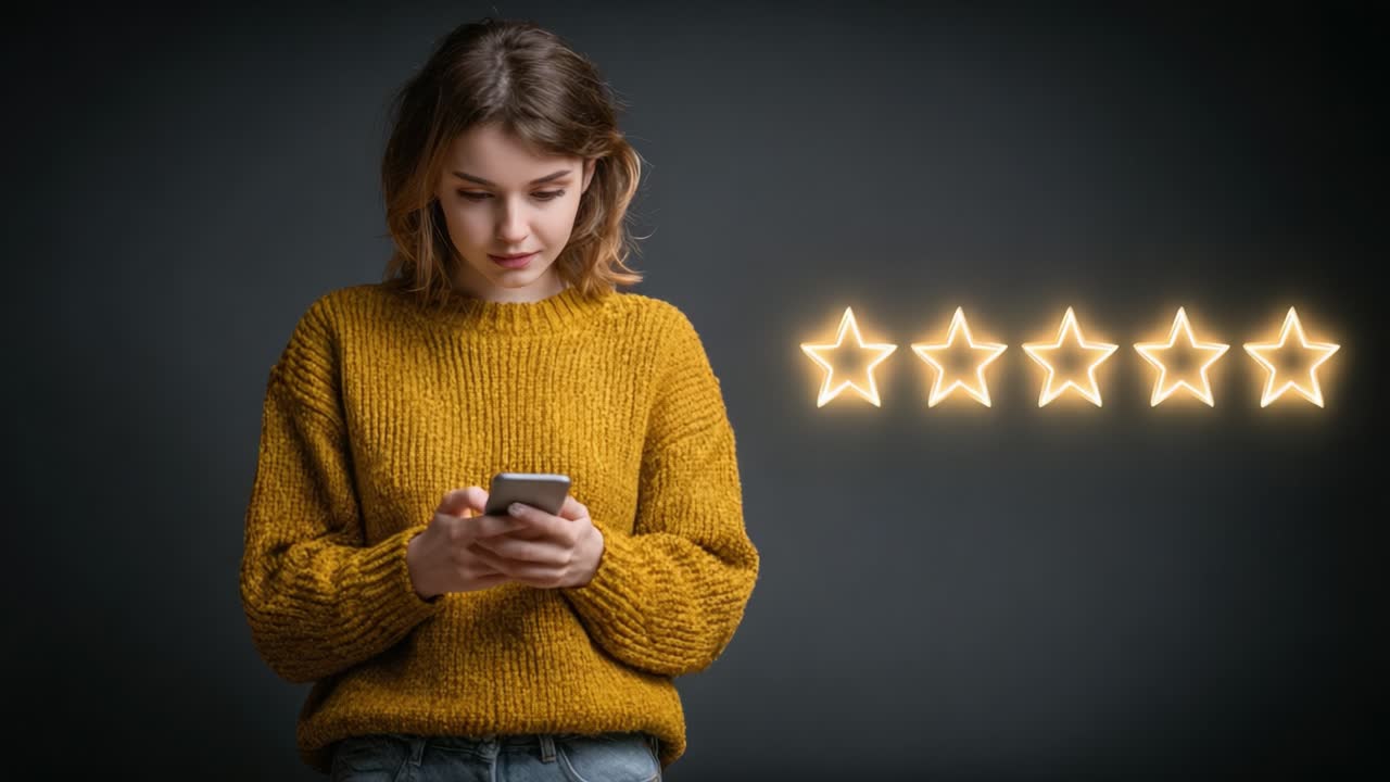 A thoughtful young woman in a cozy sweater interacts with her smartphone, reflecting on feedback represented by glowing stars, showcasing a moment of contemplation and connection
