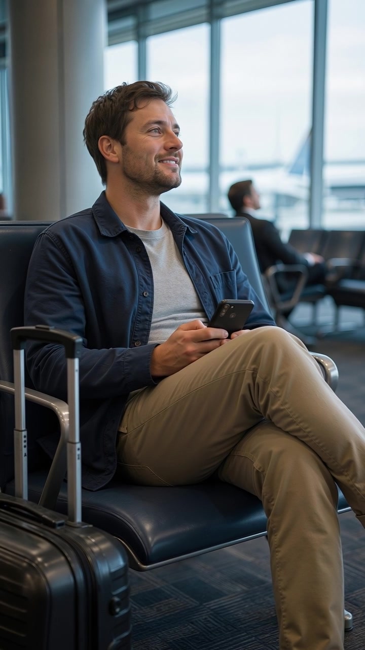 Uomo sorridente seduto con uno smartphone mentre aspetta in un terminal aeroportuale.