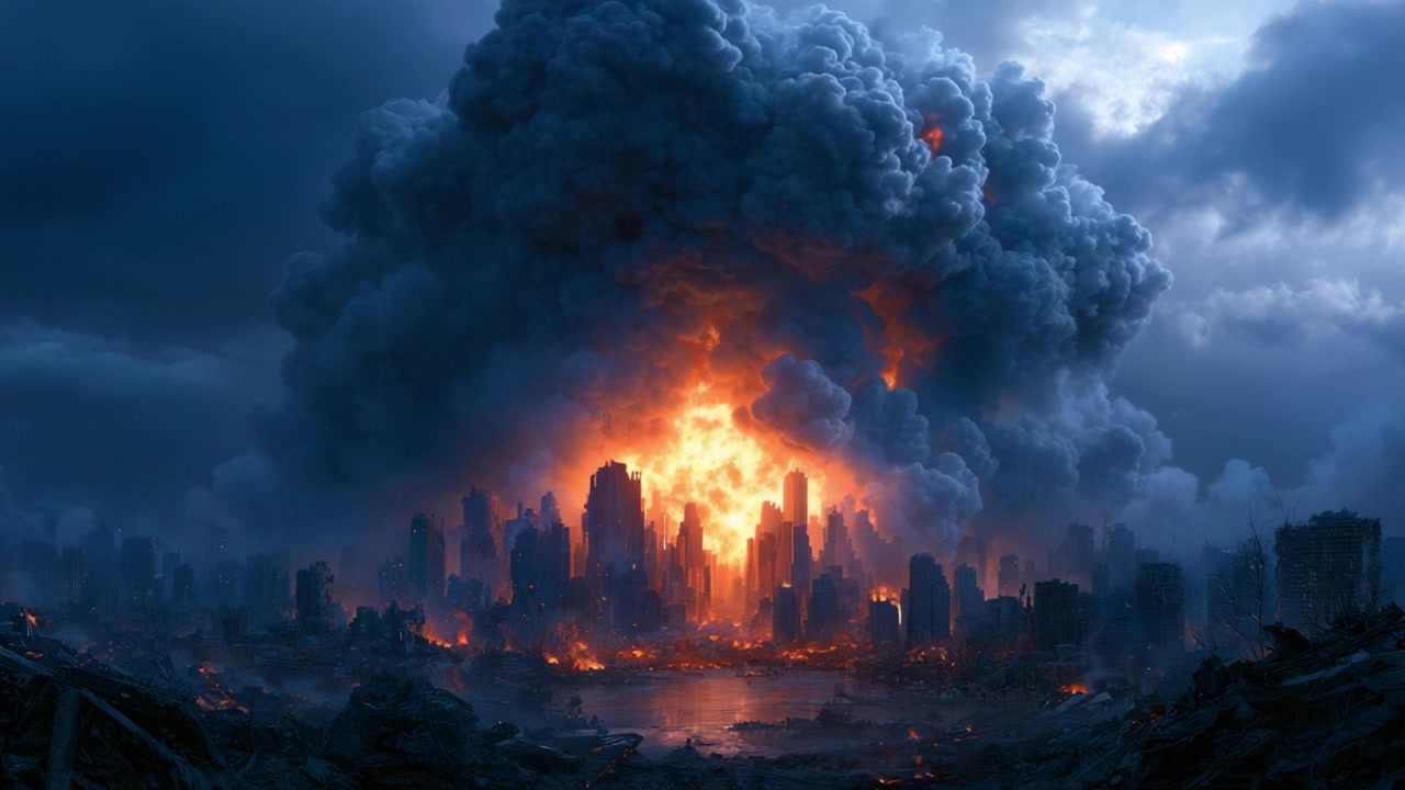Una drammatica rappresentazione della catastrofe: un'esplosione infuocata illumina un paesaggio urbano, avvolgendo l'area in nuvole scure e scintille di distruzione tra le rovine.