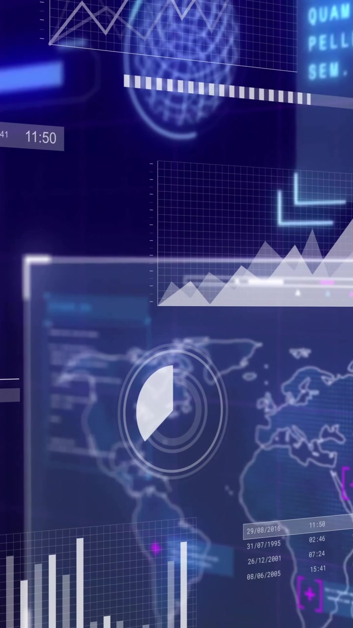 Digital data analytics and graphs animation over world map interface