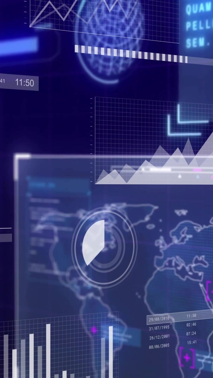 Digital data analytics and graphs animation over world map interface