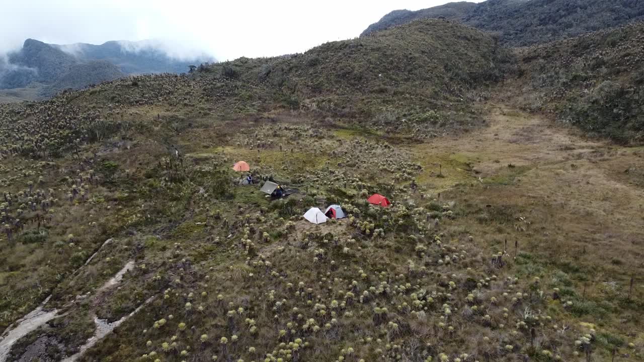 Aerial view of a campsite on the plateau of P&aacute;ramo del Sol in the northern Andes in Colombia