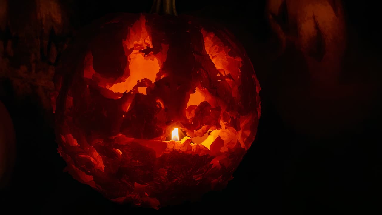 Candle flame inside carved pumpkin flickering and casting shadows on dark table with pumpkins