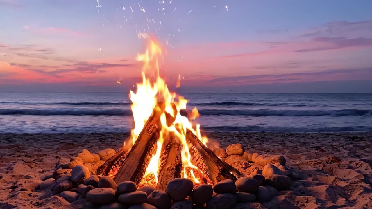 Accogliente Falò sulla Spiaggia al Tramonto: Una Scena Tranquilla di Fiamme Tremolanti e Pacifiche Onde Oceaniche Sotto un Cielo al Tramonto Colorato