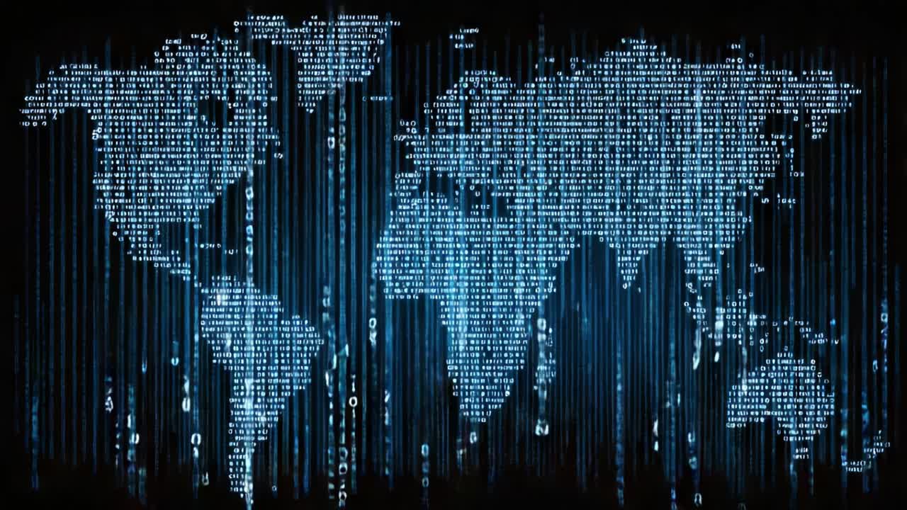 A Binary Representation of the World Map: Visualizing Data Flow through Vertical Lines of Code and Numerals in a Futuristic Digital Style
