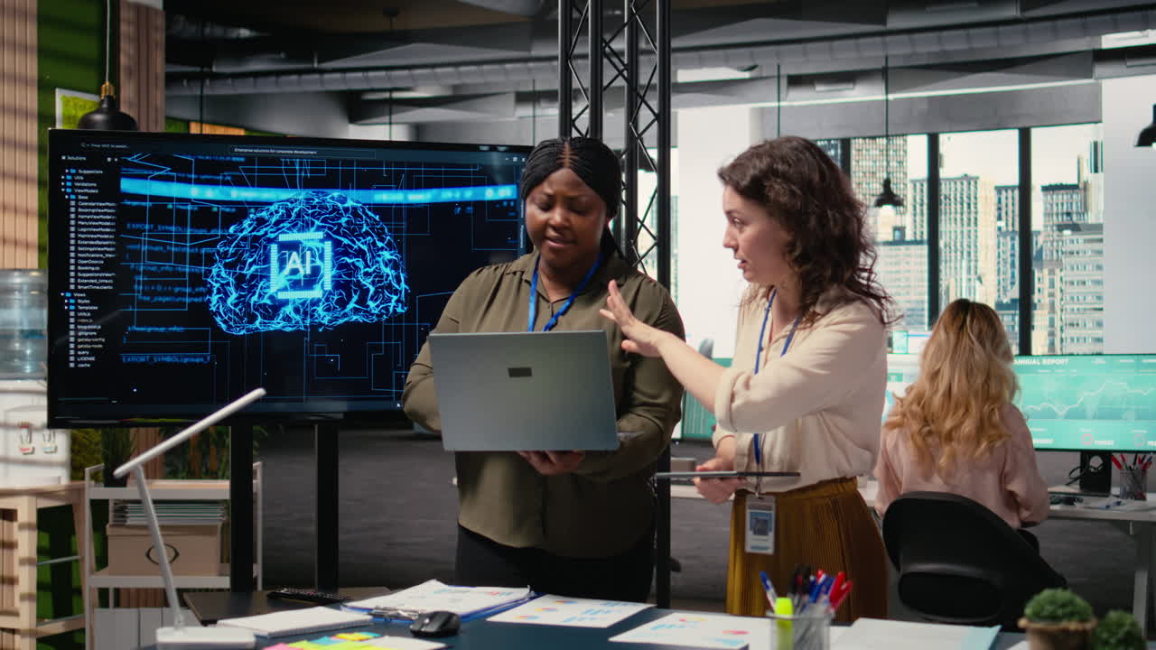 Vertical Video Diverse management staff reviewing advanced AI algorithms and predictive models