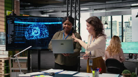 vertical video diverse management staff reviewing advanced ai algorithms and predictive models