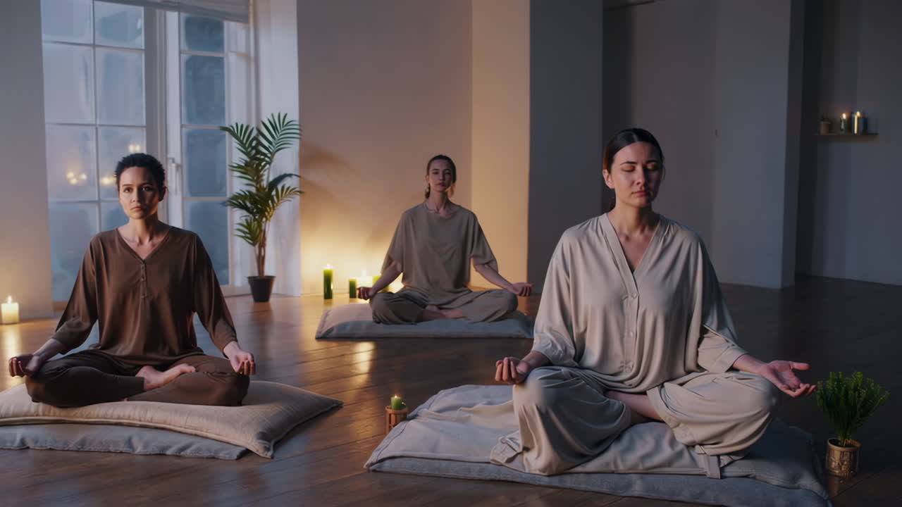 женщины медитируют в студии йоги