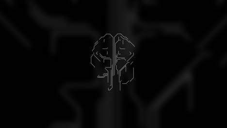 artificial intelligence animation. digital brain in circuit board design glowing, giving impulses over black glowing background.