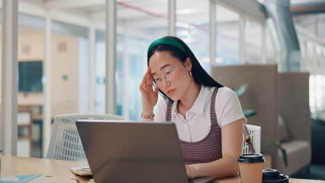 laptop, burnout or woman with headache