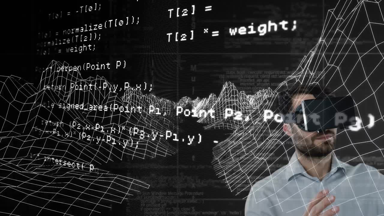 구름이 있는 하늘에서 vr 헤드 ⁇ 을 착용한 사람 위의 데이터 처리 애니메이션