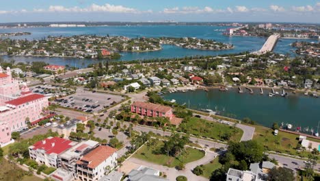 4k drone video of vina del mar island, pinellas bayway and don cesar hotel in st