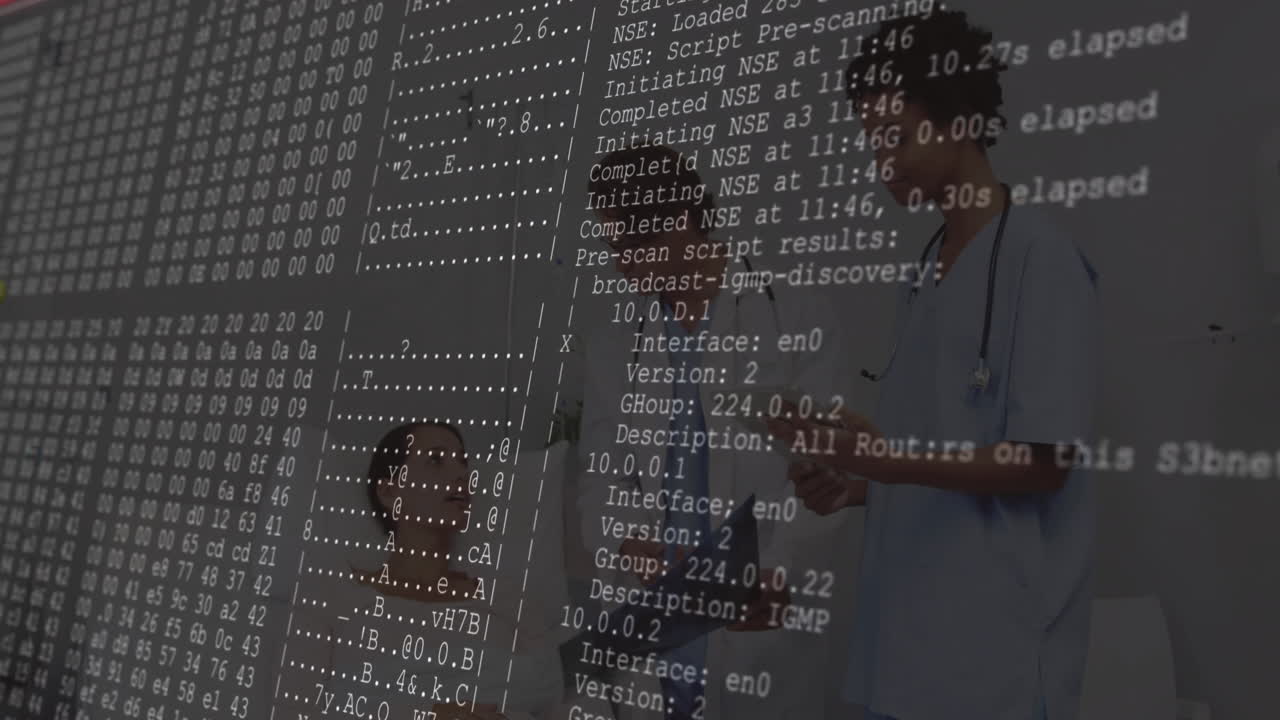 patient lying in hospital room, doctor reviewing chart and nurse monitoring with hex code overlay