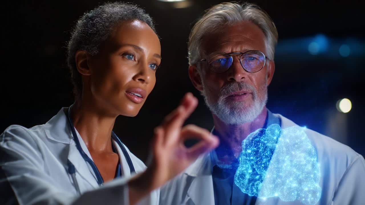A Dynamic Exploration of Neurological Sciences: Two Medical Experts Analyzing a Holographic Brain Model, Showcasing Advanced Technology in Modern Medicine