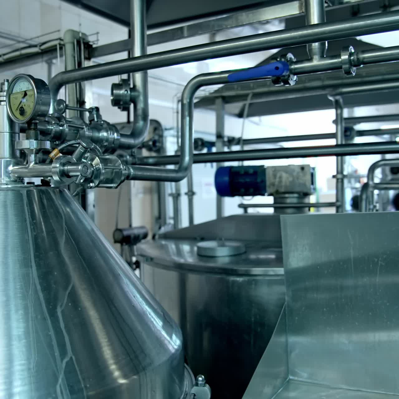 Huge factory milk tanks for producing butter. Factory cheese making in big production industry