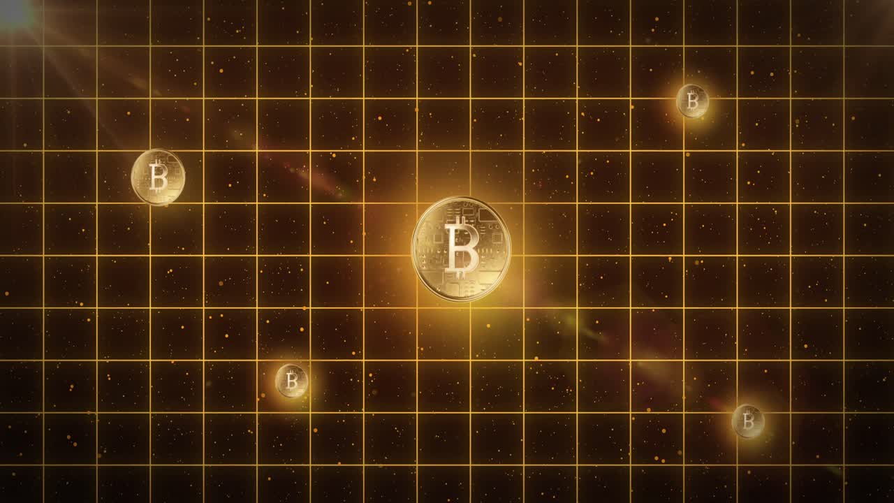 Five golden bitcoins over yellow grid against space
