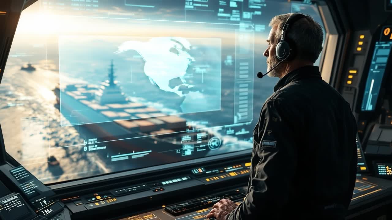 Male operator wearing headset is focused on advanced navigation systems in control room, with digital displays and maritime data visible, showcasing high-tech monitoring and communication