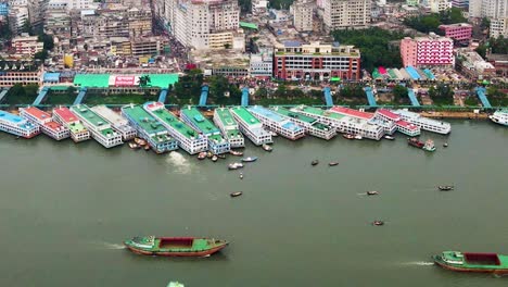 Huge-Ferry-Passenger-Boats-Docked-At-The-Busiest-Port-On-Buriganga-River-In-Dhaka,-Bangladesh