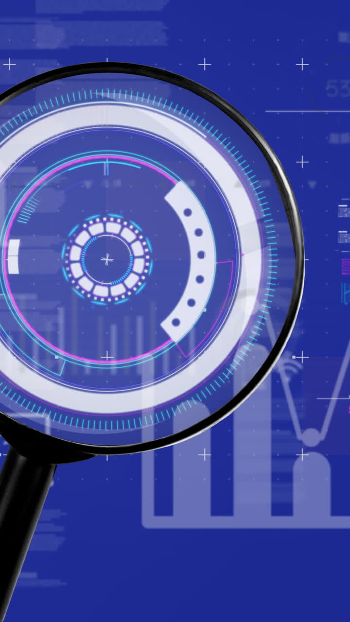 animación de procesamiento de datos financieros y lupa sobre fondo de la marina