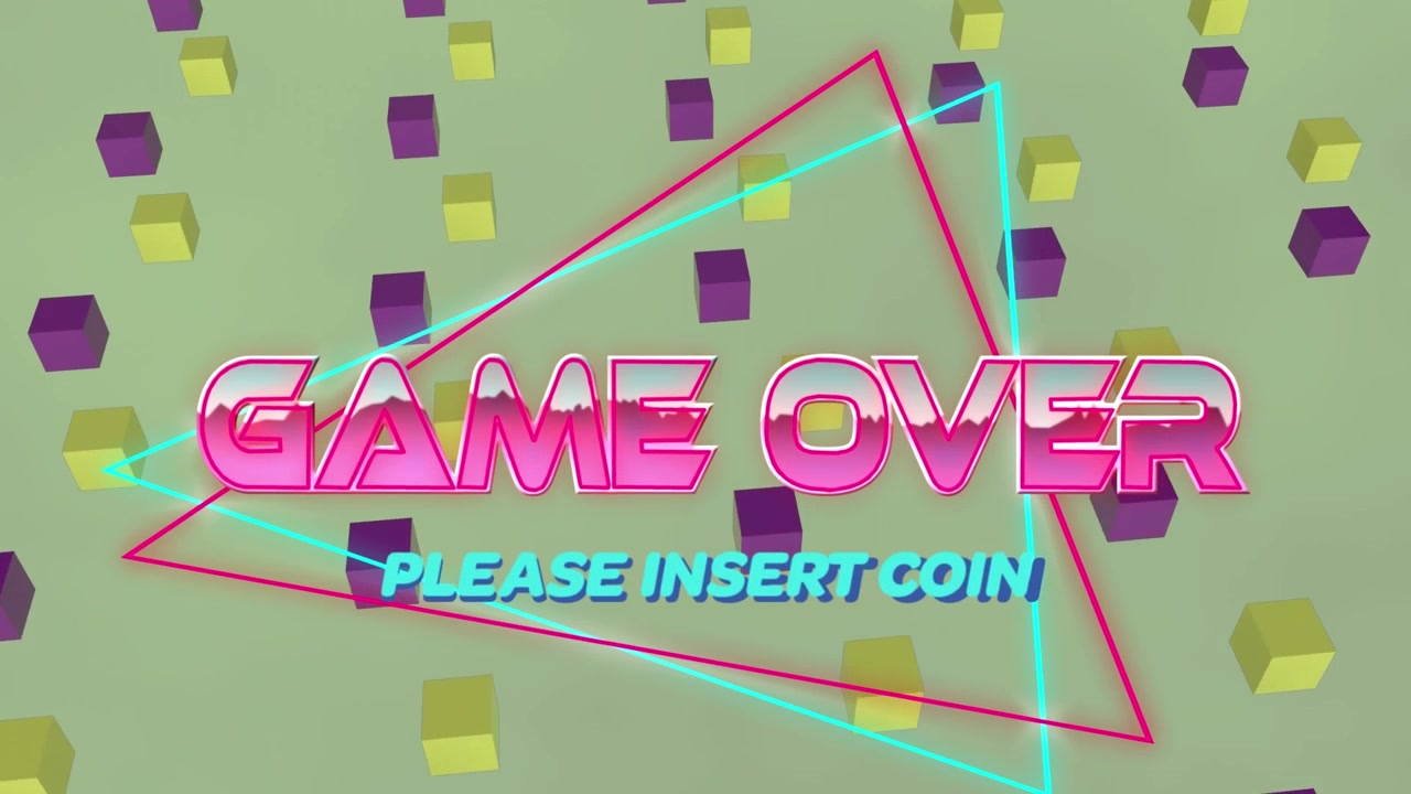 Animazione del testo 'game over inserisci moneta' su quadrati, su sfondo verde.