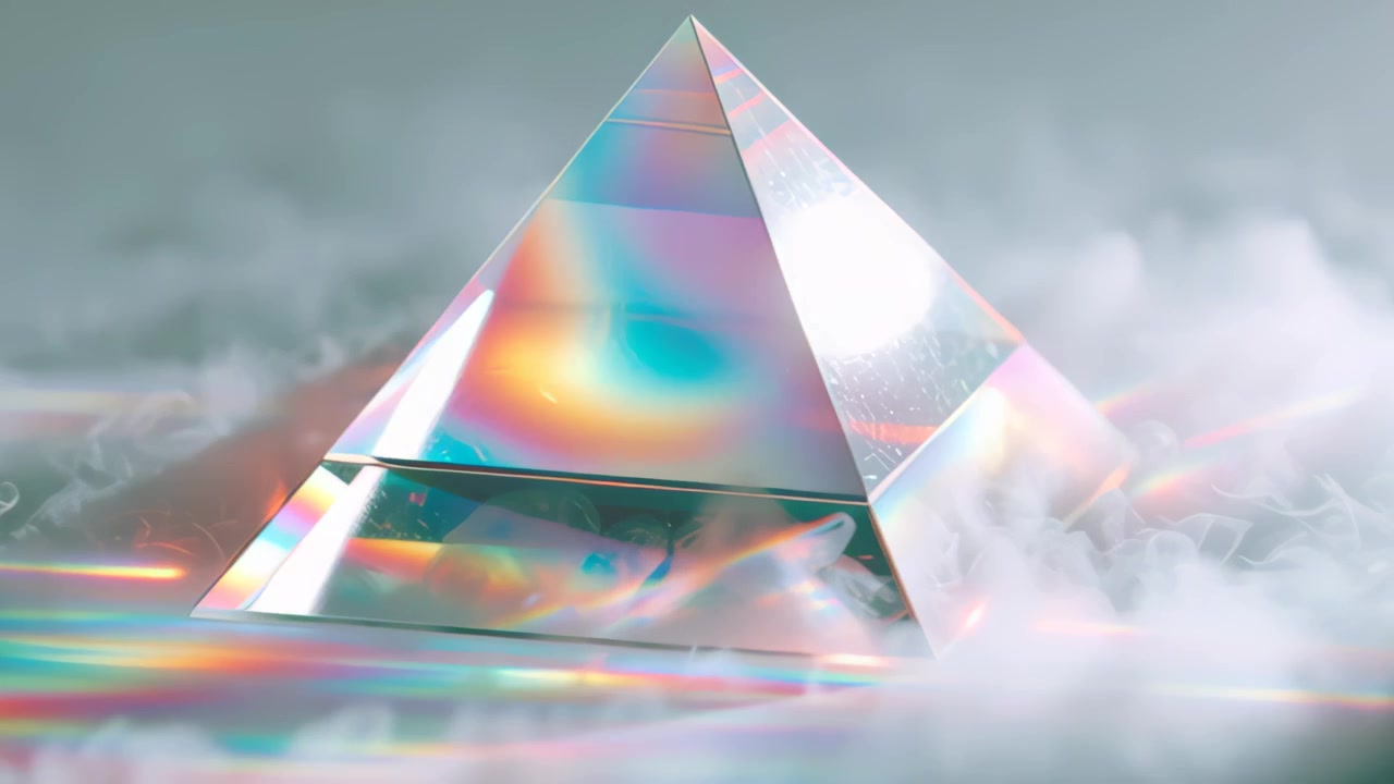 Filmato astratto di un prisma piramidale di vetro trasparente che crea rifrazioni iridescenti dell'arcobaleno su una superficie riflettente, circondato da una nebbia soffice e un'illuminazione da studio drammatica.