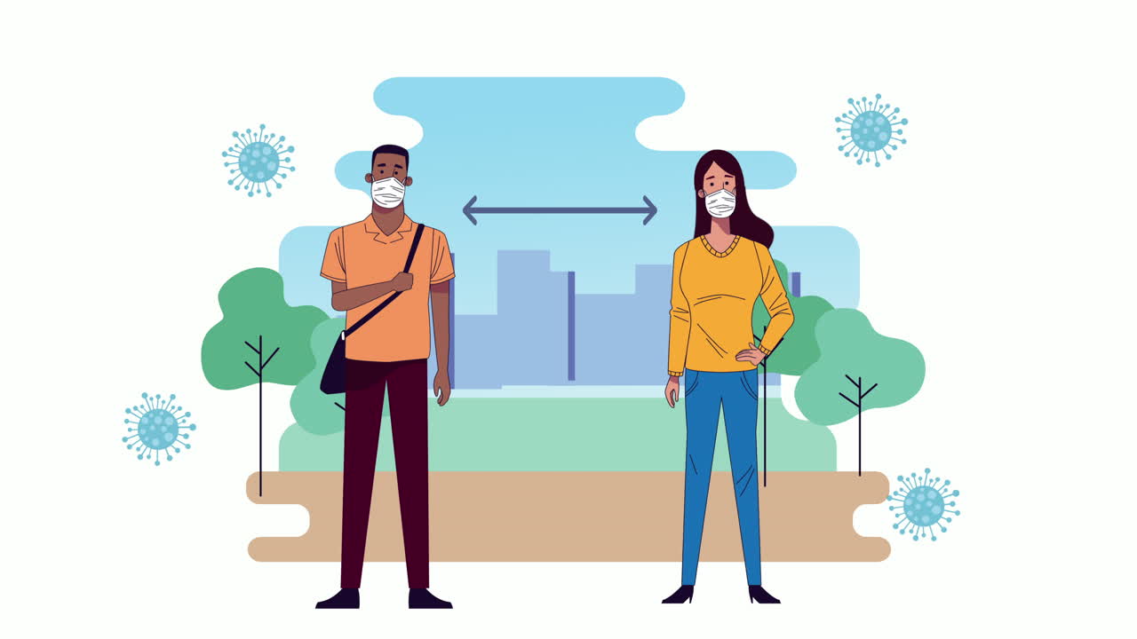 코로나19 보호 및 사회적 거리를 위해 의료 마스크를 착용하는 젊은 커플