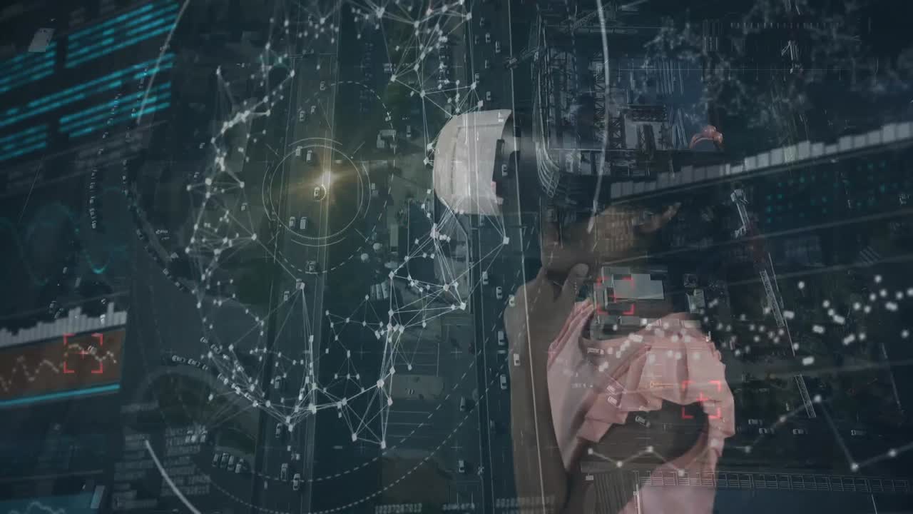 animación de la red de conexiones sobre la chica que lleva auriculares vr