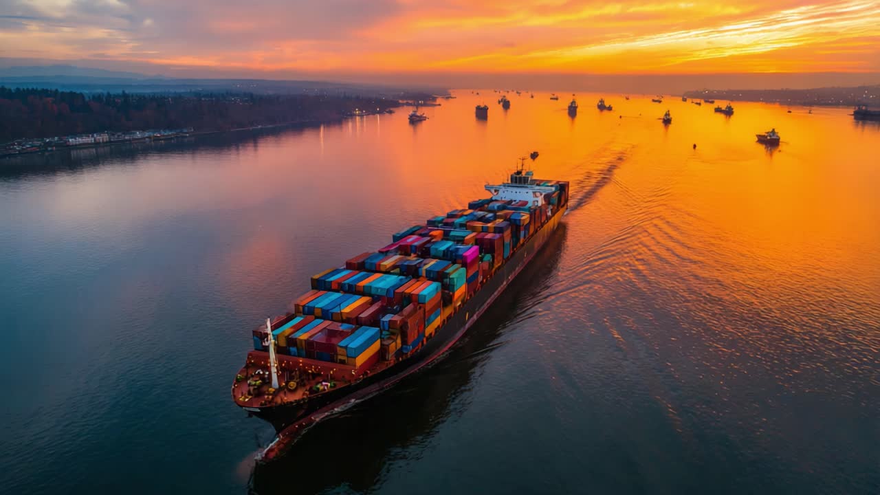 A Majestic Container Ship Navigating Tranquil Waters at Dusk, Surrounded by Other Vessels and Illuminated by a Breathtaking Sunset Over the Horizon