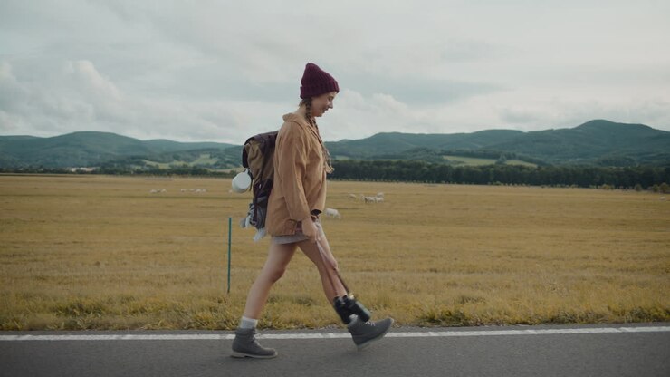 Tourist with backpack and binoculars walking on road