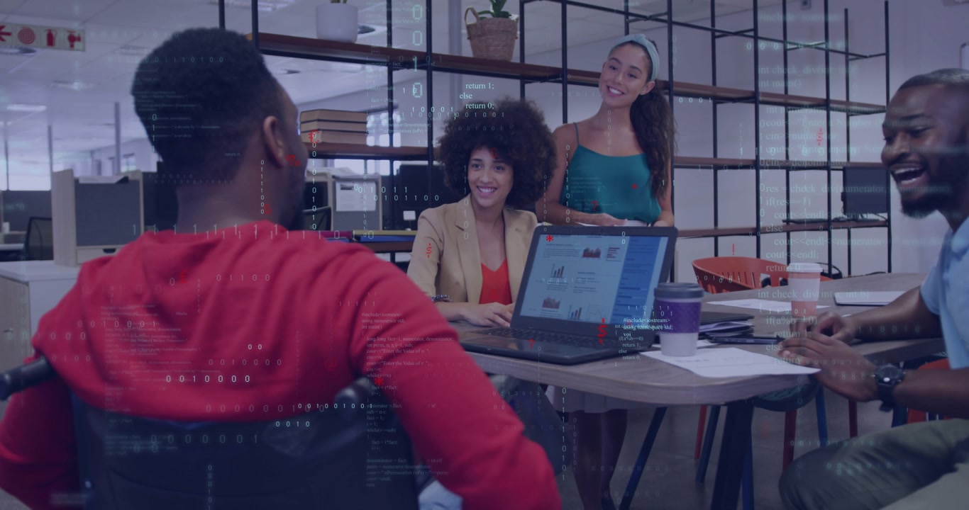 Man in red speaking and leading tech review, woman typing activating laptop overlays, team smiling