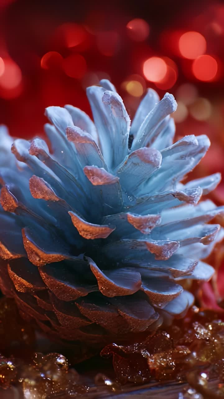 Intricate Close-Up of a Frosted Pine Cone Surrounded by Glittering Red Bokeh, Capturing Nature's Beauty and Texture in Stunning Detail and Color Contrast