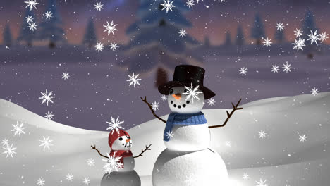 snowflakes falling over snowman and kid snowman on winter landscape