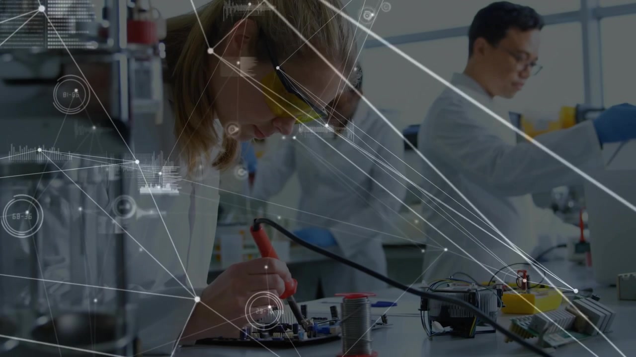 Soldering engineer assembling circuit board in lab, in lab coat, holding red iron with HUD