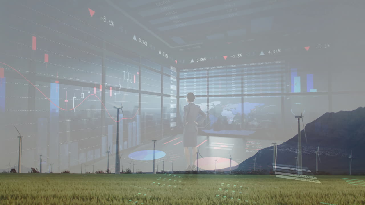 Wind turbines in field with financial data processing animation overlaying scenery