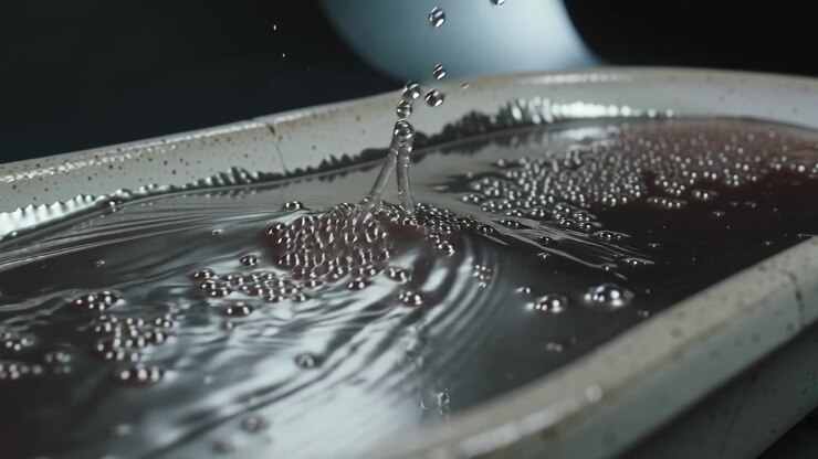 Falling droplets striking shallow oval ceramic dish in studio, creating splashes and ripples