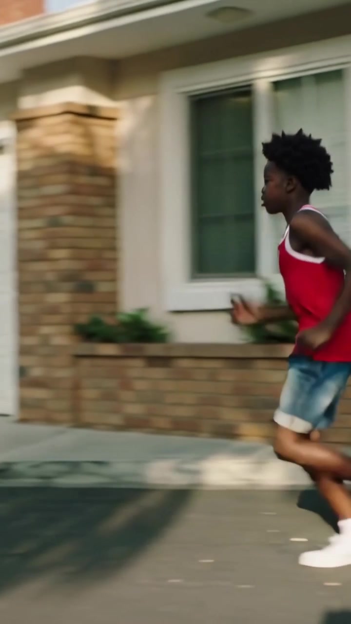 Vertical video: Sprinting boy in red tank racing past pal from right on driveway toward garages